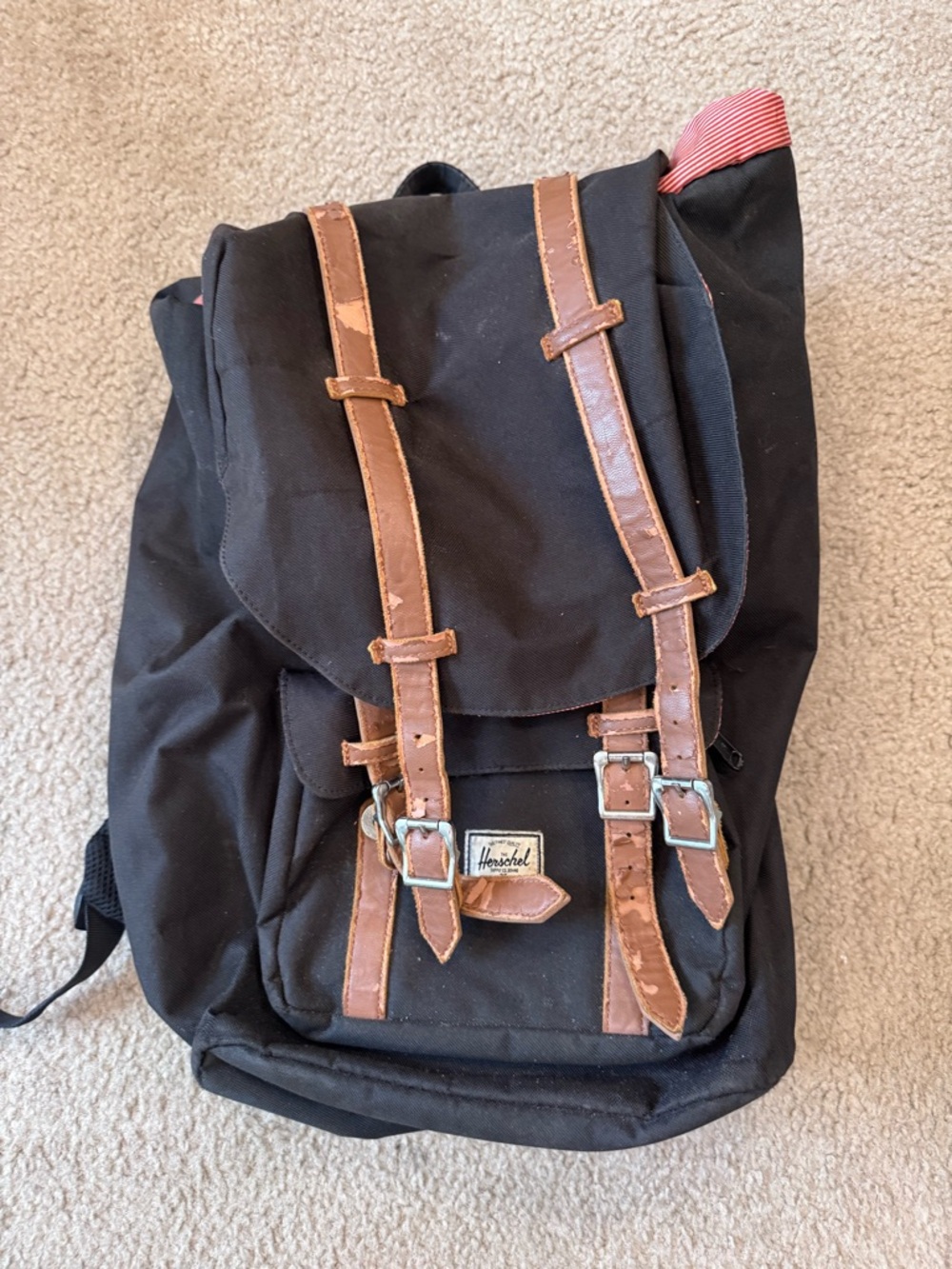 Herschel Supply Company Black Backpack with Brown Trim and Red Accent